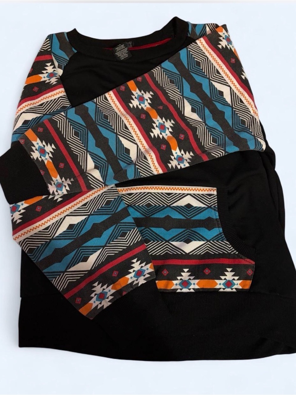 Coogi Australia Black Crewneck Sweatshirt with Multicolor Aztec Sleeves - Picture 3 of 4